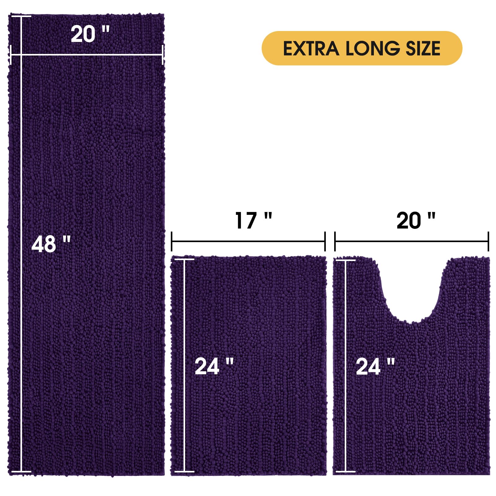 Accumtek Upgrade Extra Large Dark Purple Bathroom Rug Set 3 Pieces Ultra Soft, Thick Absorbent Bath Mats, Non Slip Chenille Toil